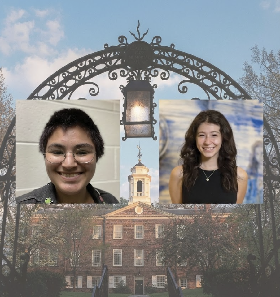 A digital collage featuring two student portraits superimposed over a scenic university campus background.  Background: A low-angle view of an ornate black iron archway (the Class of 1902 Memorial Gateway) framing a historic red brick building with a white cupola under a blue sky.  Portraits:  Left: A headshot of a smiling student with short dark hair and round glasses.  Right: A headshot of a smiling student with long, dark wavy hair wearing a black sleeveless top.