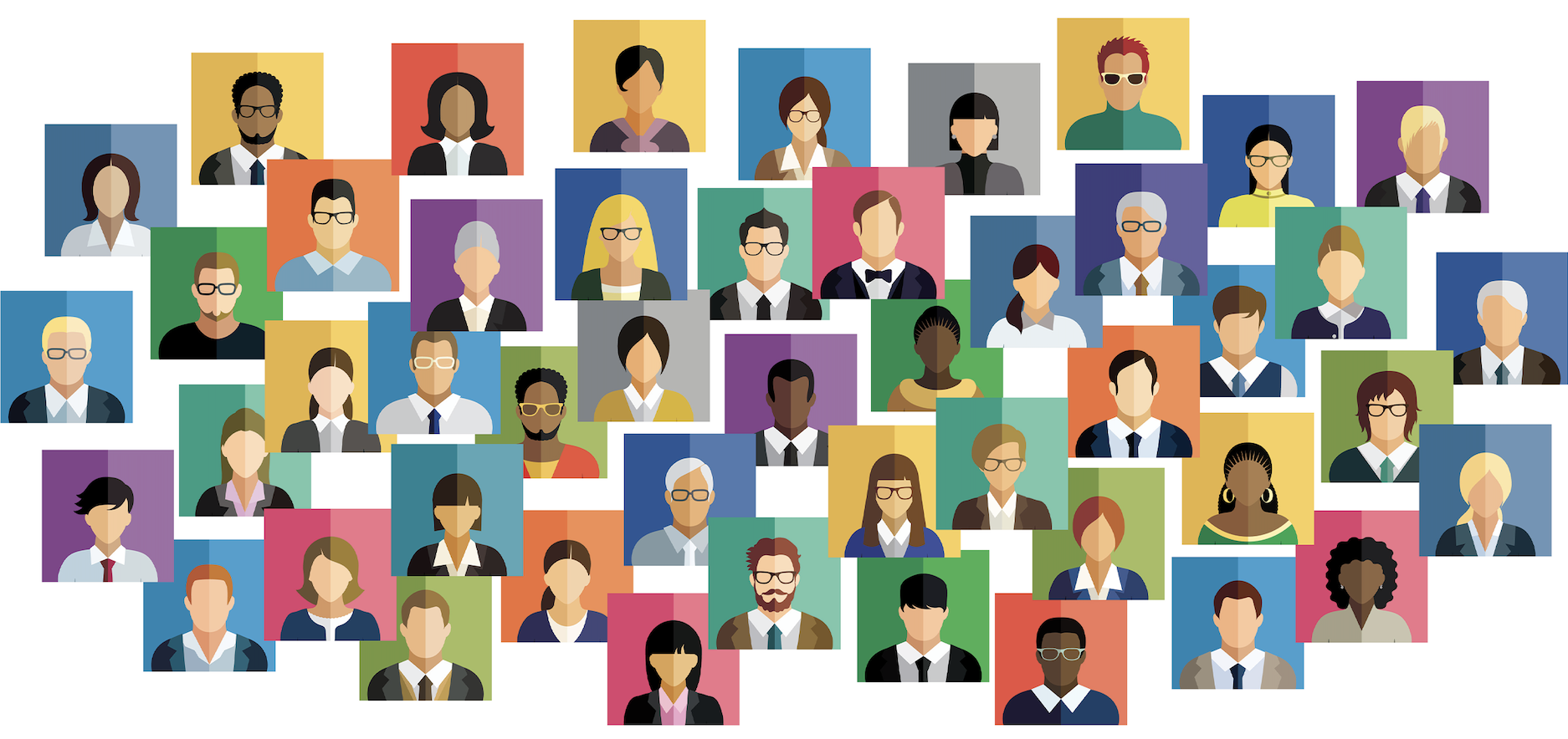 Collage of colorful cartoon-style drawings of people's headshots