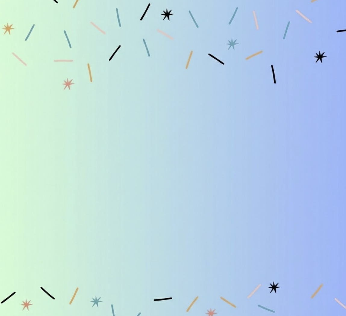A digital background design featuring a smooth gradient that transitions from pale green on the left to light blue on the right. The top and bottom borders are decorated with scattered "confetti" shapes, consisting of short dashes and asterisks in black, peach, and teal. The center of the image is left open and empty, creating a clean space for text.